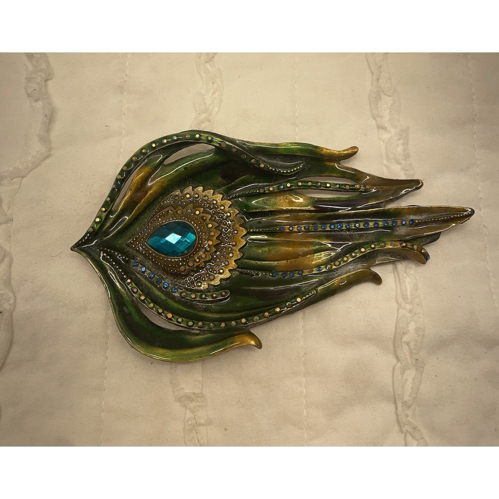 Metal Art Deco Peacock Feather Small Jewelry Tray Trinket Dish Unique